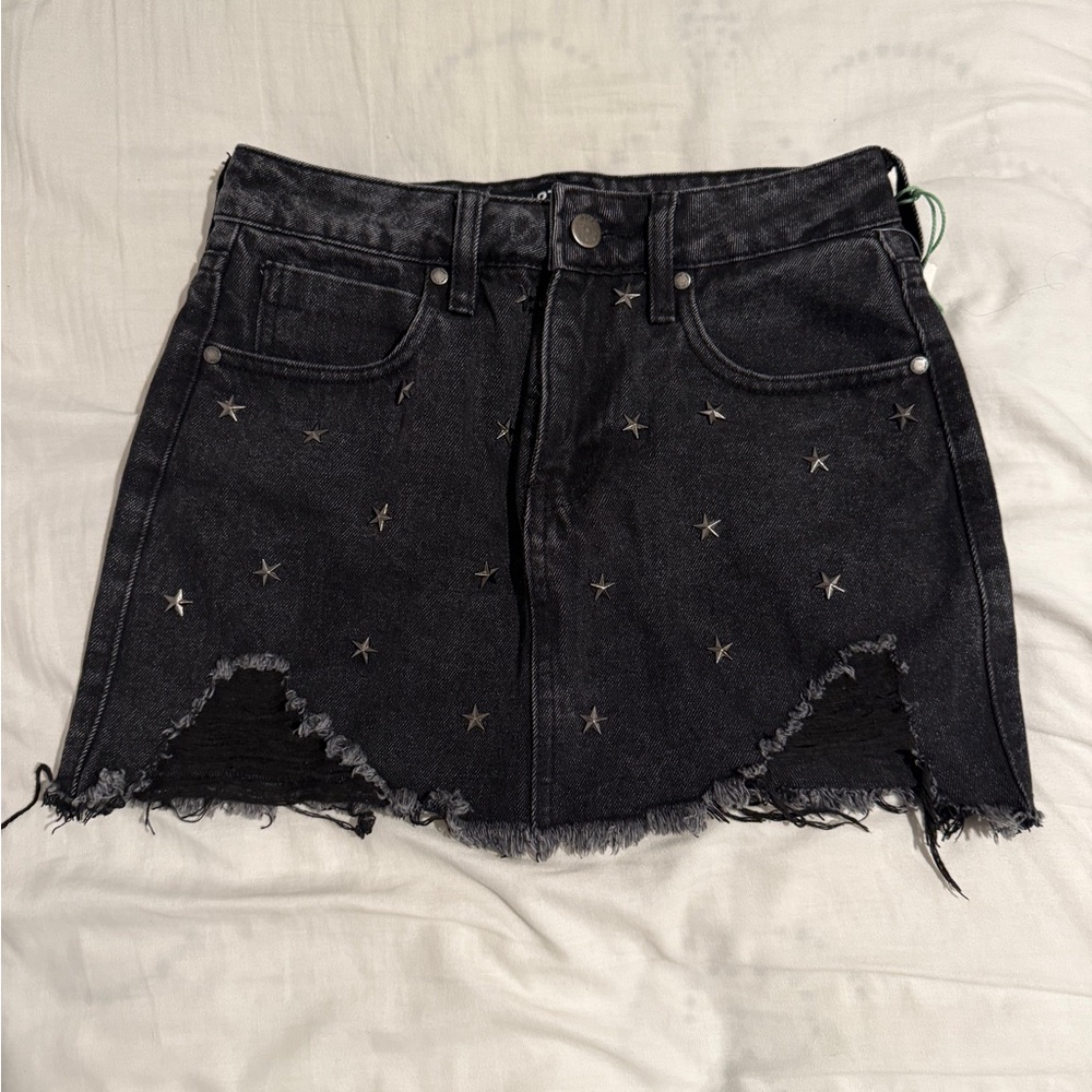 Black Denim Star-Embroidered Skirt